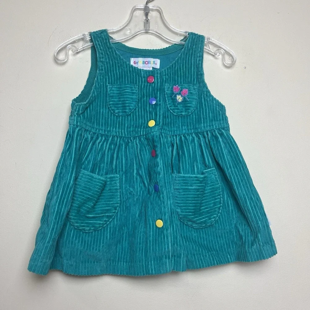 VTG Gymboree Rainbow Tag Green Corduroy Dress Snaps Pockets Flowers Infant 6-9